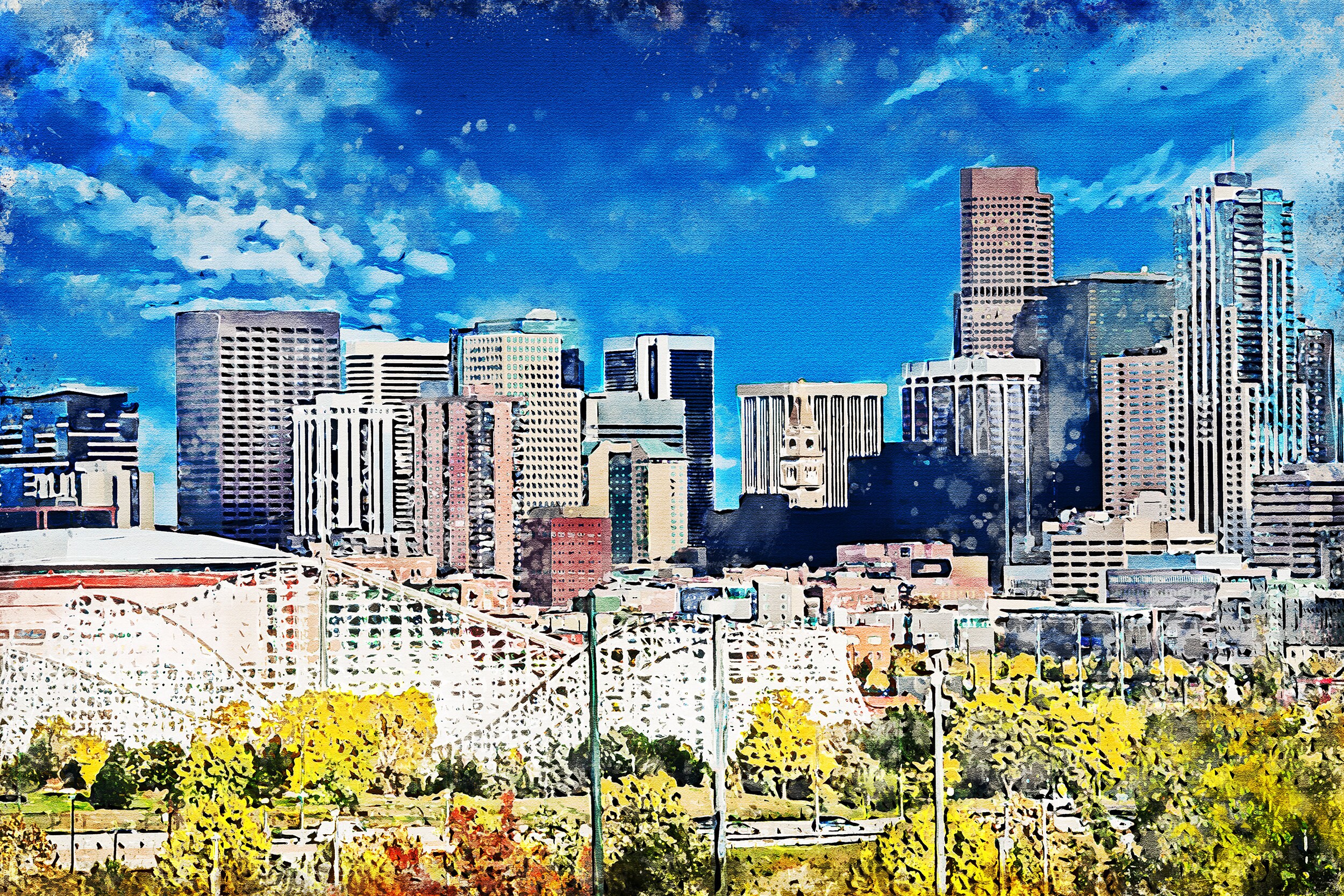 Denver Colorado watercolor on canvas, Denver Canvas, Denver watercolor skyline,