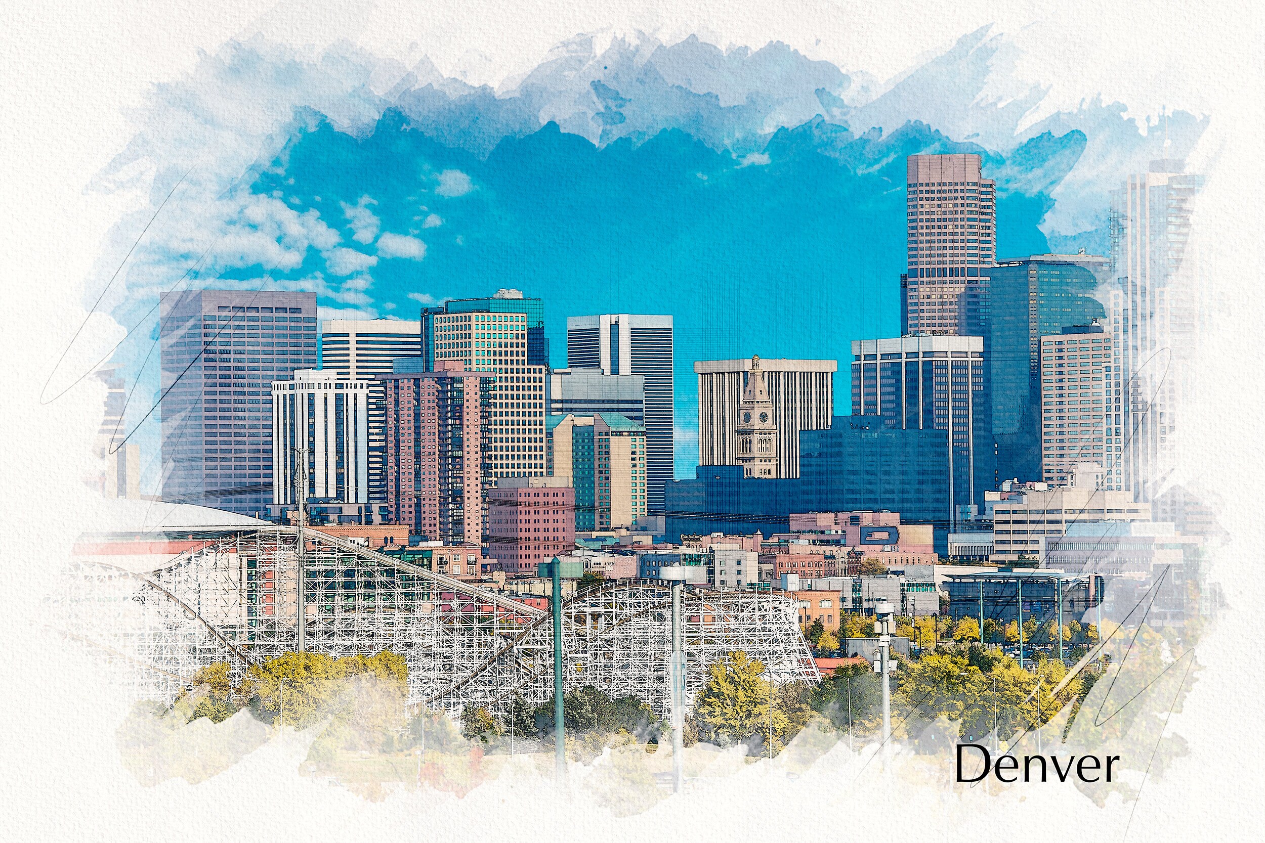Denver Colorado watercolor on canvas, Denver Canvas, Denver sketch watercolor s