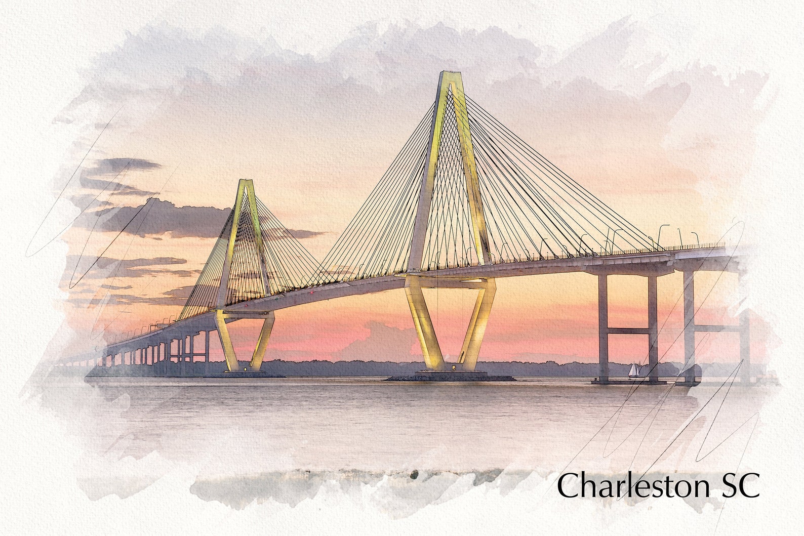Arthur Ravenel Bridge Watercolor Charleston SC Skyline Canvas Etsy