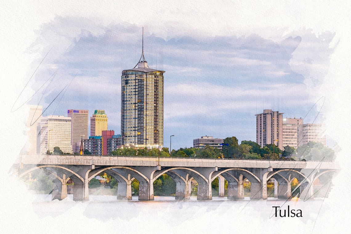 Tulsa Oklahoma Sketch Watercolor Canvas Tulsa Canvas Print Etsy