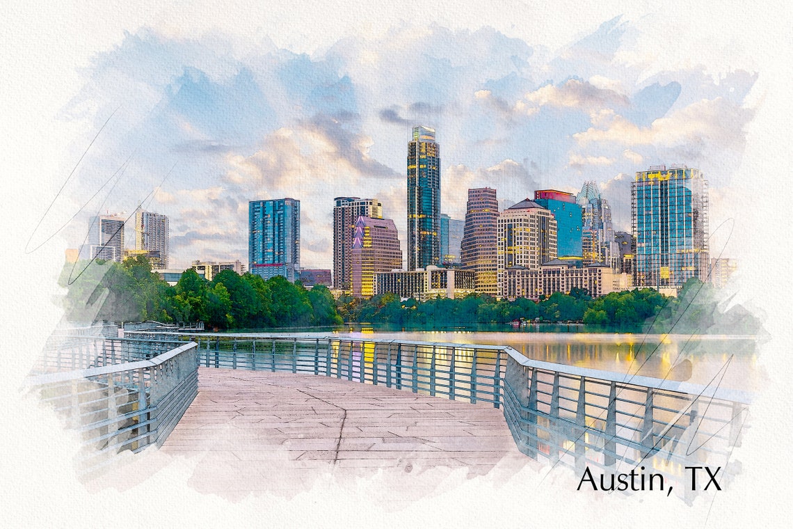 Austin Texas Skyline Sketch Watercolor Canvas Austin Canvas Etsy