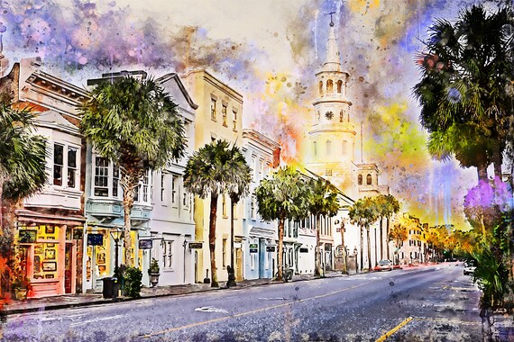 Charleston SC watercolor street scene canvas Charleston | Etsy