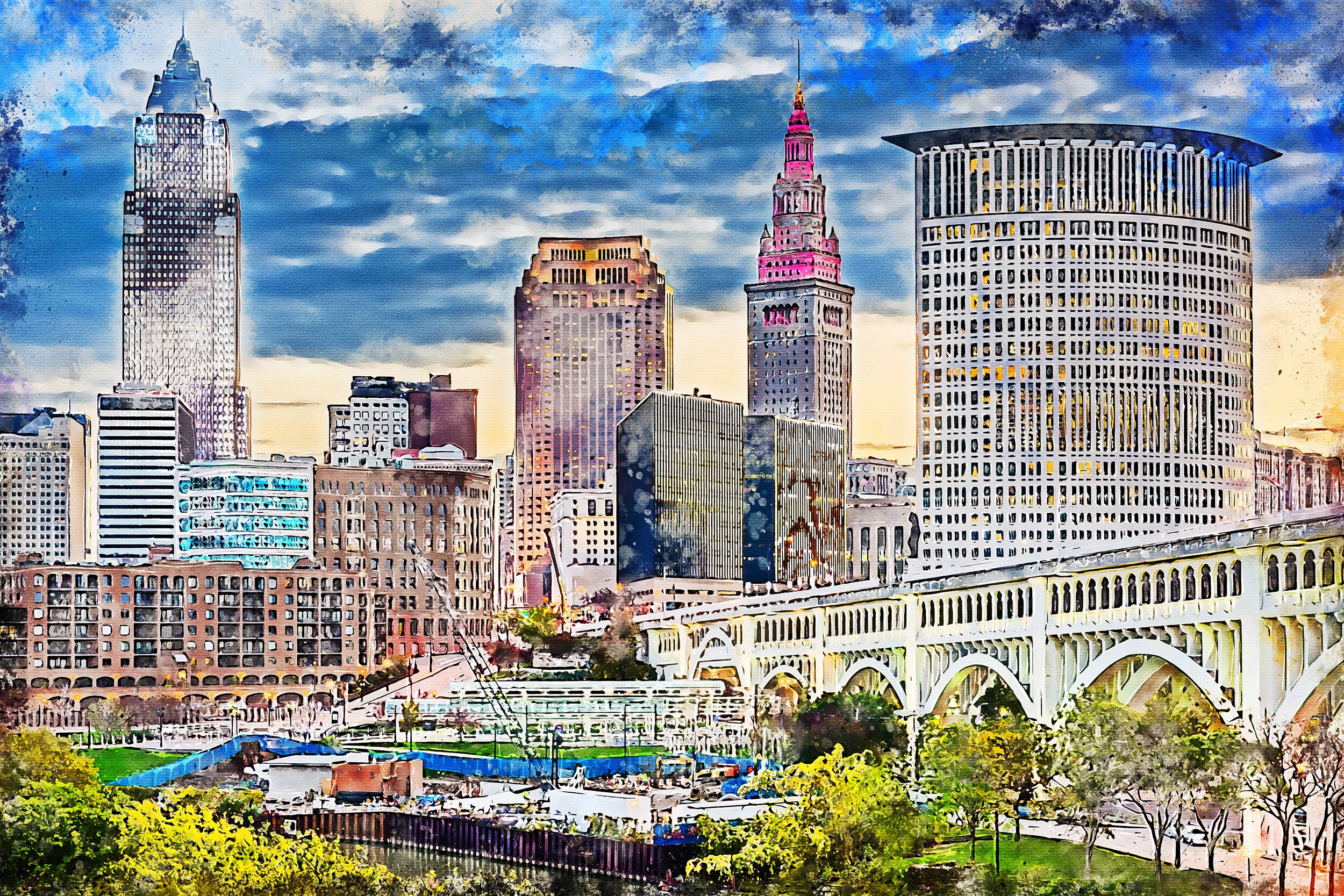 Cleveland watercolor skyline at night Cleveland Canvas Etsy