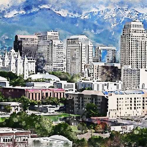 Salt Lake City Skyline Watercolor Canvas Salt Lake City Etsy