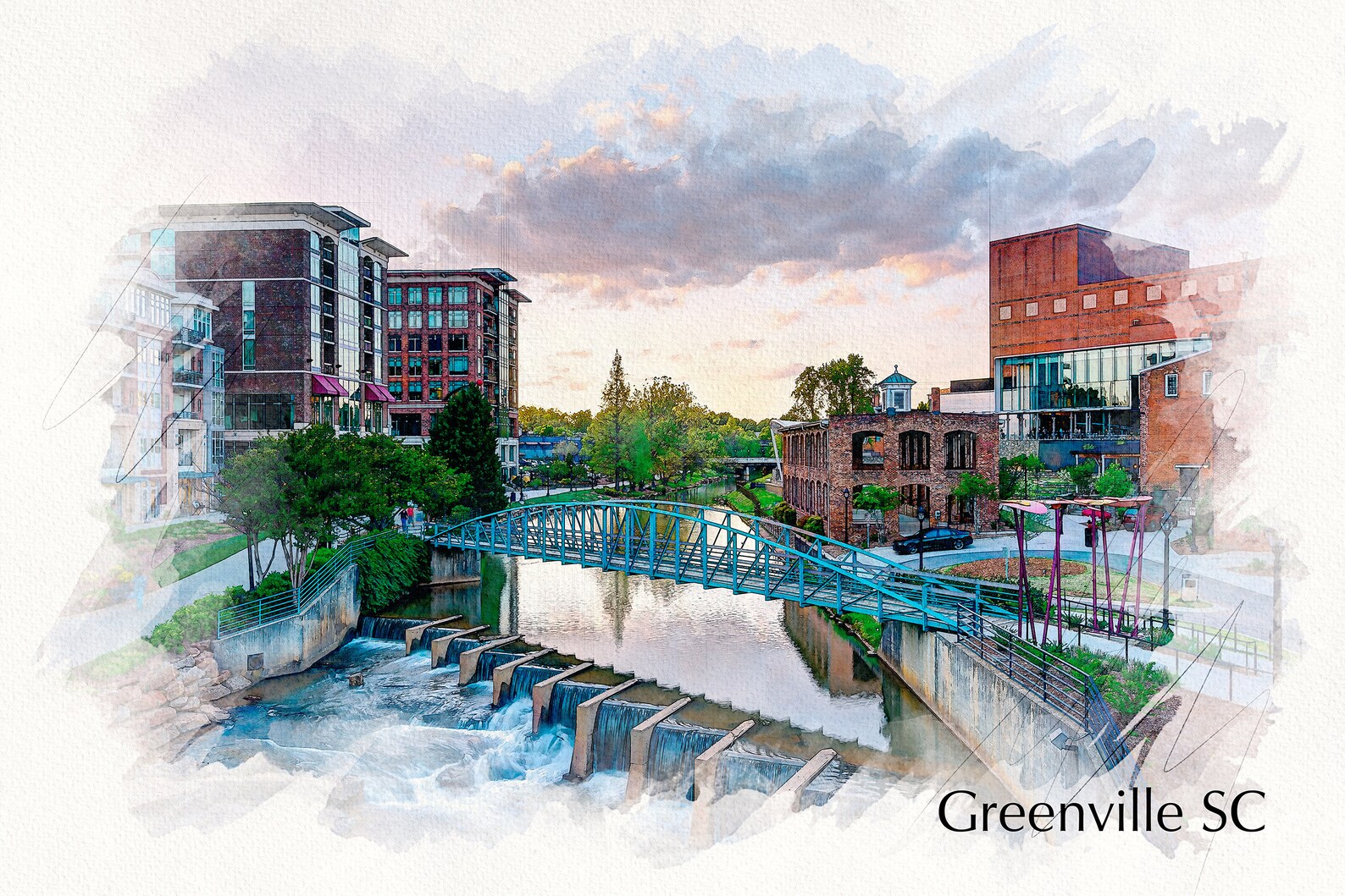 Greenville SC skyline watercolor canvas Greenville Canvas Etsy