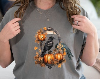 Raven Pumpkin T-Shirt, Vintage Halloween Aesthetic Shirt, Spooky Crow Tee, Dark Witch TShirt, Gift for Her, Spooky Season Shirt, Fall Shirt