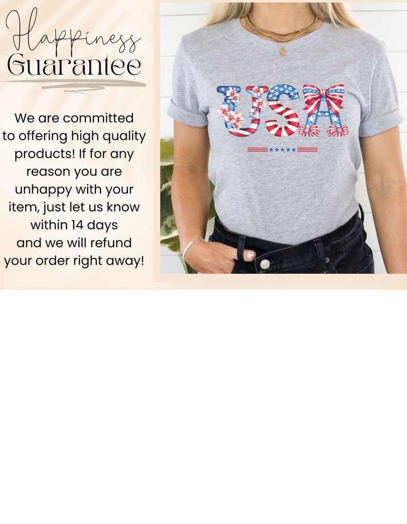 May include: A gray t-shirt with a red, white, and blue USA graphic featuring flowers, candy canes, and bows. The text "Happiness Guarantee" is visible in the background.
