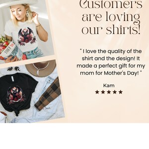May include: A white t-shirt and a black t-shirt with a graphic design of a bat with roses. The image includes the text "Customers are loving our shirts!" and a customer review.