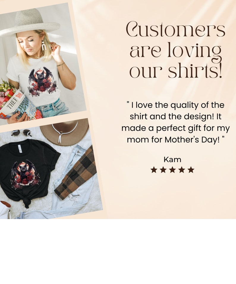 May include: A white t-shirt and a black t-shirt with a graphic design of a bat with roses. The image includes the text "Customers are loving our shirts!" and a customer review.