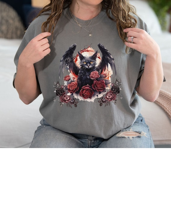 Halloween Gothic Cat Shirt, Halloween Cat Shirt, Halloween Raven Shirt, Black Cat Shirt, Gothic Clothing, Goth Shirt, Spooky Shirt