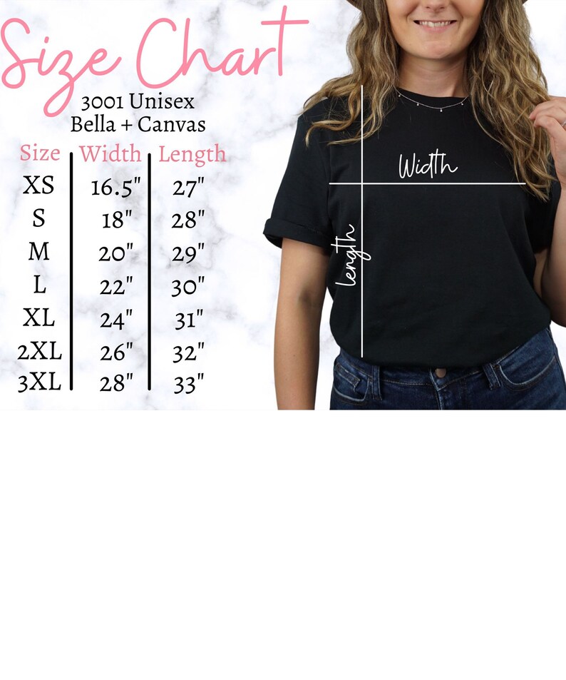 May include: A black t-shirt with a size chart, including measurements in inches for width and length. The chart lists sizes XS to 3XL, with widths ranging from 16.5" to 28" and lengths from 27" to 33". The shirt is Bella + Canvas 3001 Unisex.