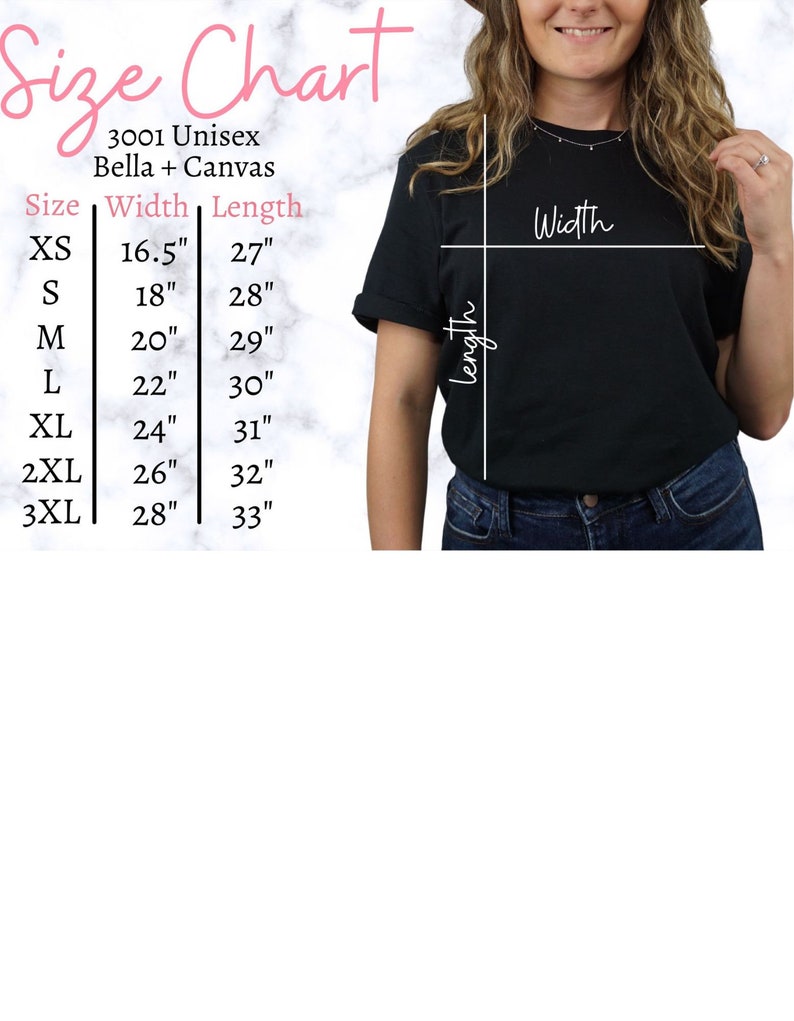 May include: Size chart for unisex Bella + Canvas t-shirts. The chart shows the width and length measurements in inches for sizes XS to 3XL.