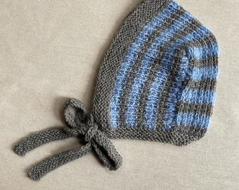 Handmade Knit Bonnet - Grey & Blue