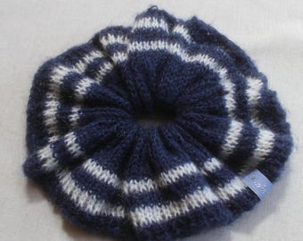 Hand Knit Navy and White Striped Scrunchie