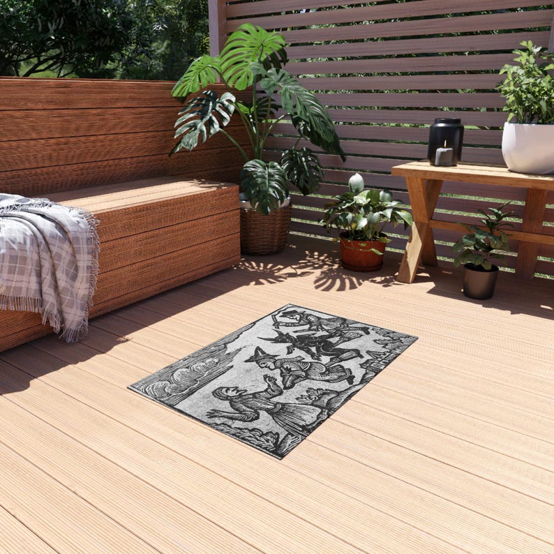 Flying Witches Outdoor Rug | Medieval Woodcut Gothic Doormat, Vintage Occult Porch Rug image 3
