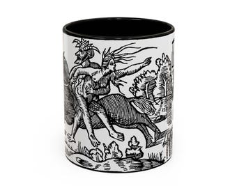 Medieval Devil Carrying Witch Illustration Mug | Vintage Woodcut Ceramic Coffee Cup