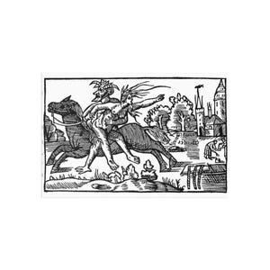 Puede incluir: Grabado en madera en blanco y negro que representa una escena mitológica. Una figura con corona monta una criatura parecida a un caballo, llevando a una persona desnuda. El fondo muestra una ciudad con edificios y árboles.