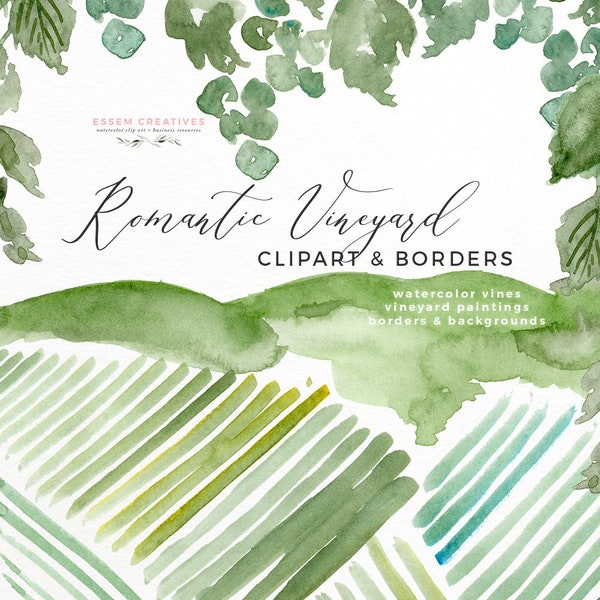 Romantic Vineyard Watercolor Landscape Clipart, Grapes Clipart, Wedding Invitation Template Graphics, Grapevine Wine label favor gift tag