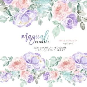 Aquarell Blumen Clipart, Winter Blumen Clipart, Regenbogen Magisches Einhorn Bouquet Vintage Blumen Bordüre Grafiken, Pastell Soft Airy Rose PNG