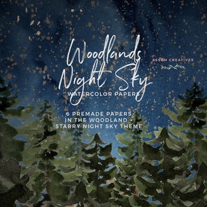 Fundos de céu noturno de floresta em aquarela, clipart de árvores florestais, deserto celestial escuro, montanhas natureza ao ar livre nas profundezas da floresta de abetos