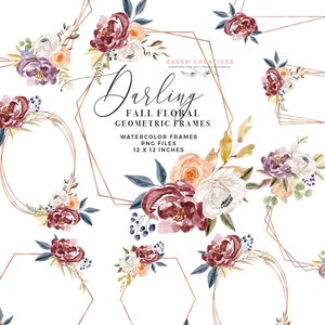 Automne Aquarelle Fleurs Clipart, Boho Chic Fleurs Couronnes Florales Cadres Géométriques Bourgogne Marine Fleurs PNG Pivoine Mariage Clip Art Automne Clipart