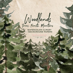 Clipart de árvores florestais rústicas, gráficos de floresta de coníferas em aquarela, paisagem florestal, pinhas, natureza de montanha perene nas profundezas da floresta