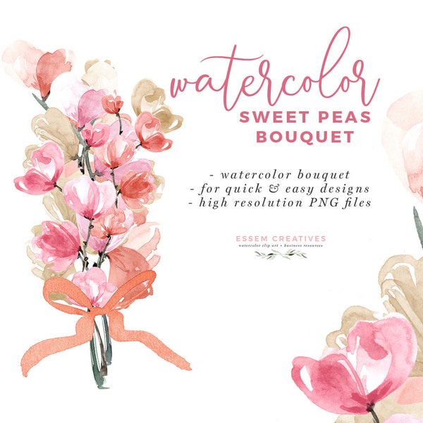 Watercolor Sweet Peas Bouquet Clipart, Wedding Invite Clipart, Flower Stalks, DIY Table Numbers, Printable Digital Flowers, Floral Border