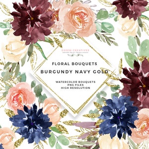 May include: Watercolor floral bouquets in shades of burgundy, navy blue, and gold. The bouquets feature roses, dahlias, and other flowers. The text "FLORAL BOUQUETS BURGUNDY NAVY GOLD" is displayed in a gold diamond shape.