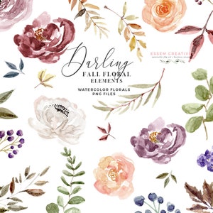 Bourgogne & Marine Aquarelle Fleurs Clipart, Rustique Fleurs d’automne Feuilles Branches Baies Bourgeons, Pivoines Roses Eucalyptus Feuilles d’automne Clipart