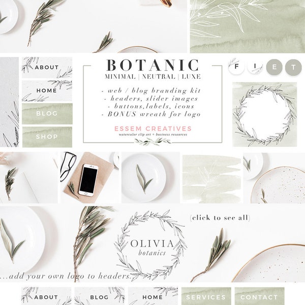 Website Branding Kit, Neutral Blog Brand Kit, Light Airy Rustic Theme, Wordpress Blog Header, Website Banner Graphics, Social Media Icon