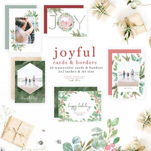 Clipart de tarjeta de fotos de Navidad de acuarela, plantilla de tarjeta de Navidad, borde navideño, marco geométrico, papel digital verde Joy hexagonal de oro rosa