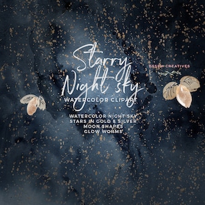 Céleste Starry Night Sky Aquarelle Clipart, Golden Silver Sparkle Stars Moon Clipart, Navy Blue and Gold Digital Paper, Galaxy Universe