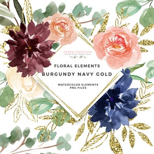 Aquarelle Clipart Floral, Bourgogne Navy Blush Aquarelle Fleurs Baies, Clipart rustique, Clipart Dahlia, Gold Glitter Fall Leaves Clipart