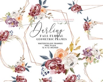 Fall Watercolor Flowers Clipart, Boho Chic Floral Wreaths Geometric Frames Burgundy Navy Flowers PNG Peony Wedding Clip Art Fall Clipart