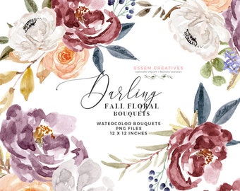 Burgundy & Navy Watercolor Floral Clipart, Boho Floral Bouquet Clipart, Rustic Flowers PNG Graphics, Peony Wedding Clip Art, Floral Clipart