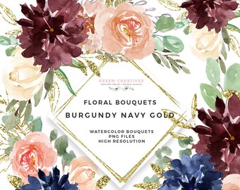 Watercolor Flowers Clipart, Boho Fall Floral Bouquet Clipart, Burgundy Blush Navy Gold Rustic Floral Border Graphics, Dahlia Rose Gold Leave