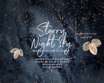 Celestial Starry Night Sky Watercolor Clipart, Golden Silver Sparkle Stars Moon Clipart, Navy Blue and Gold Digital Paper, Galaxy Universe