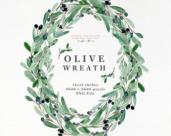 Olive Wreath Clipart, Watercolor Greenery Border Clipart, Greek Olive Branch, Botanical Illustration, Logo Branding, Wedding Invite Wall Art