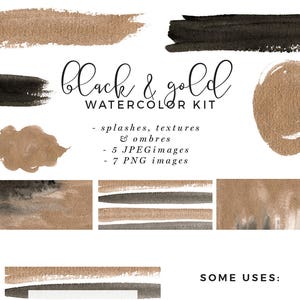 Clipart de respingo de aquarela preto e dourado, respingos de tinta, pinceladas, marca de logotipo, fundo do Instagram, listras 12x12, elemento do site