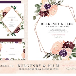 Bourgogne Blush Aquarelle Bordures Florales, Prune Rose Gold Aquarelle Géométrique Fleur Clipart Arrière-plan, Rustique Boho Mariage Anniversaire Inviter