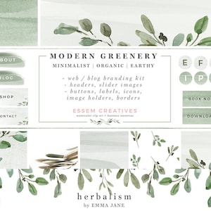 Może przedstawiać: Szablon projektu strony internetowej dla firmy zajmującej się ziołolecznictwem. Szablon zawiera akwarelowe tło z zielonymi liśćmi i płaską ofertą 40% zniżki. Tekst "herbalism" jest wyświetlany w różowym kolorze. Szablon zawiera wiele elementów, które można dostosować, takich jak miejsca na zdjęcia, ikony mediów społecznościowych i etykiety.