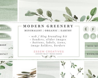 Website Branding Kit, Watercolor Greenery Leaves Theme, Blogger Design, Wordpress Blog Header, Social Media Icon, Buttons, Labels, Borders