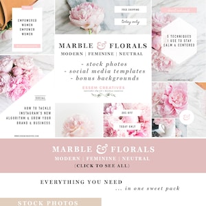 Marble Floral Stock Photos, Social Media Templates, Feminine Modern Neutral Blog Graphics, Website Banners Headers, Peony Images for Blogger