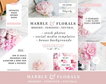 Marble Floral Stock Photos, Social Media Templates, Feminine Modern Neutral Blog Graphics, Website Banners Headers, Peony Images for Blogger