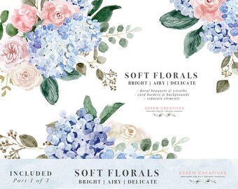 Imágenes prediseñadas de hortensia de acuarela, clip art de flor rosa azul, marcos de borde floral, flores de primavera verano, fondo rústico de borde de boda boho