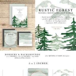 Sfondi acquerello foresta rustica, clipart invito matrimonio rustico in oro rosa, grafica dei boschi di conifere, pini, montagne, colline