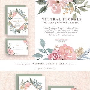Neutral Aquarell Blumen Rahmen Border Hintergrund, Sublimation rustikale Vintage Geometrische Blumen Clip Art, Hochzeitseinladung Baby Shower Art