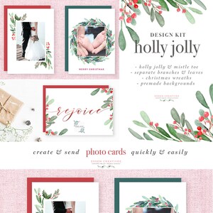 Imágenes prediseñadas navideñas en acuarela, plantilla de tarjeta fotográfica navideña, imágenes prediseñadas navideñas, corona de acebo navideña, documentos digitales festivos, fondo de invierno