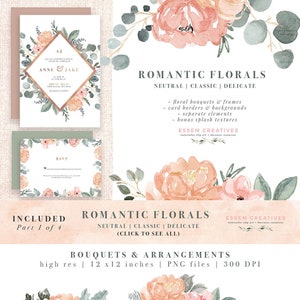 Floral Watercolor Clipart, Watercolor Flowers Clipart, Blush Pink Sage Dusty Green Border Digital Graphics, Boho Rustic Wedding Invitation