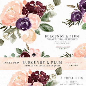 Aquarelle Clipart Floral, Bourgogne Blush Prune Aquarelle Fleurs Clip Art Arrière-plan pour Invitation de mariage bohème rustique, Planificateur Artisanat numérique